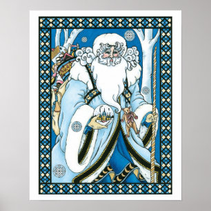 Poster Noël Vintage, Père Noël Bleu avec Snowglobe