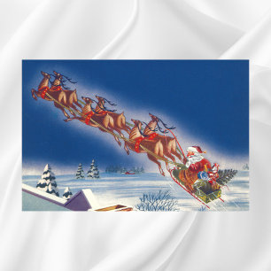 Poster Noël Vintage, Père Noël Flying Sleigh w Reindeer