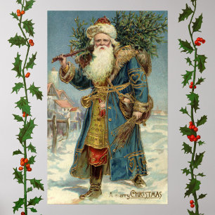 Poster Noël vintage, Père Noël victorien avec arbre