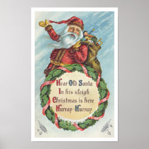 Poster Noël vintage, Père Noël victorien sur couronne