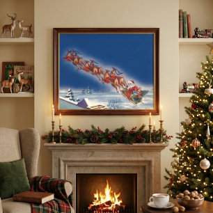 Poster Noël vintage, Père Noël volant avec son traîneau e