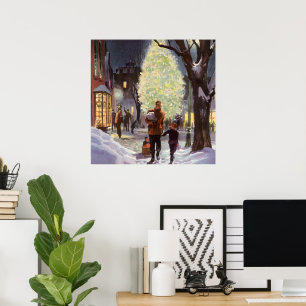 Poster Noël vintage, Père Shopping avec les enfants