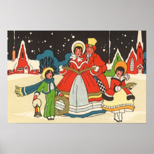 Poster Noël vintage, une famille chantant des chants de N