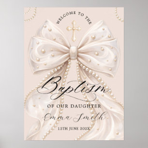 Poster Nœud Élégant Coquette avec Bienvenue Baptême Perle