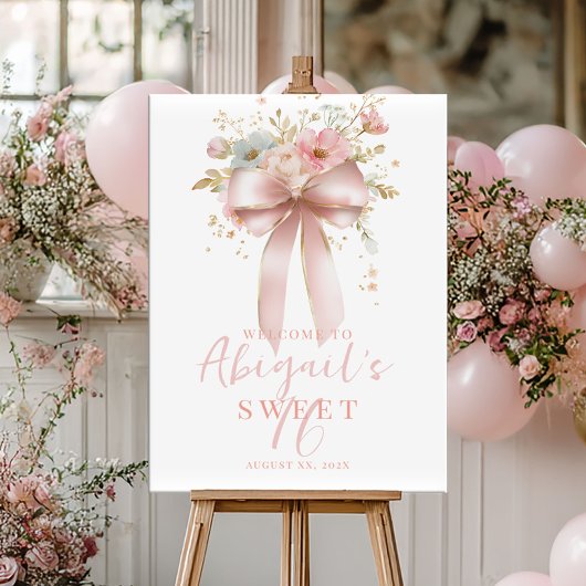 Poster Nœud rose et fleurs doux 16e anniversaire