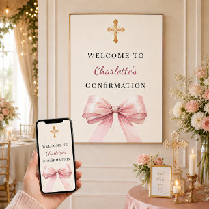 Poster Nœud rose fuchsia ivoire de confirmation de bienve