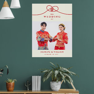 Poster Nœud Rouge Double Bonheur Signe de Mariage Chinois