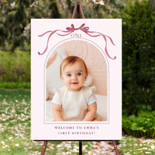 Poster Nœud Rouge Rose Blush 1er Anniversaire Photo de Bi