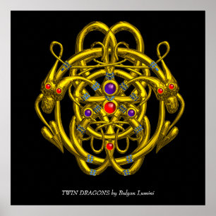 POSTER NŒUDS CELTIQUES D'OR AVEC DRAGONS JUMEAUX