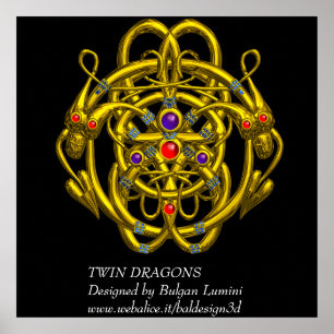 POSTER NŒUDS CELTIQUES D'OR AVEC DRAGONS JUMEAUX