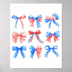Poster Nœuds Coquette Rouge Blanc Bleu Drapeau Usa 4 Juil