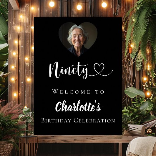 Poster Noir 90e anniversaire de la fête photo coeur bienv