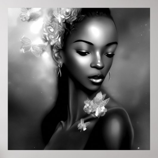 Poster Noir Blanc Africain fille monochrome Papillon 2 (Devant)