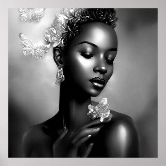 Poster Noir Blanc Africain fille papillon monochrome (Devant)