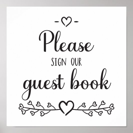 Poster Noir Blanc Calligraphie Coeurs Mariage Livre d'inv (Devant)