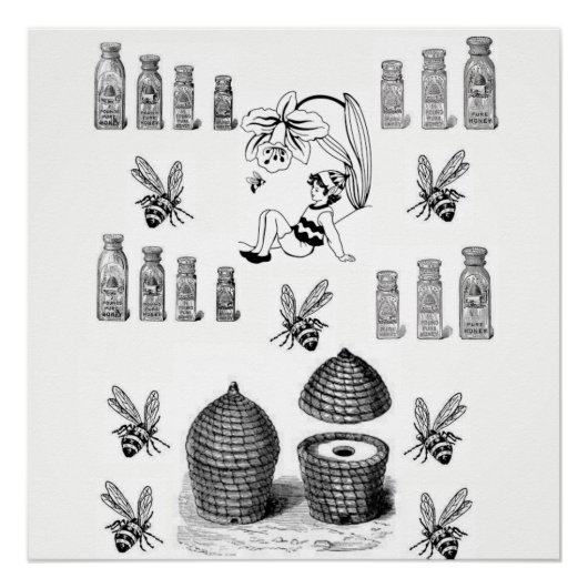 poster noir blanc d'abeille miel (Devant)