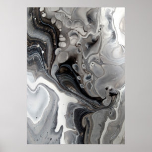 Poster Noir blanc Fluid Marbre Abstrait gris argent