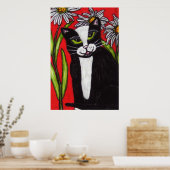 Poster Noir Blanc Tuxedo Chat Blanc Daisis Rouge (Cuisine)