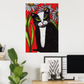 Poster Noir Blanc Tuxedo Chat Blanc Daisis Rouge (Bureau à domicile)