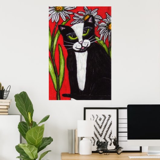 Poster Noir Blanc Tuxedo Chat Blanc Daisis Rouge (Bureau à domicile)