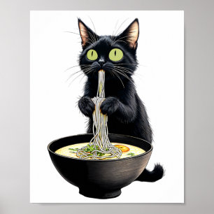 Poster Noir Chat Manger Ramen nouilles Japonais Nourritur