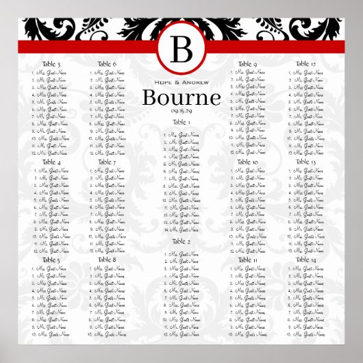 Poster Noir Damask Red Trim Seating Chart Numéros de tabl (Devant)