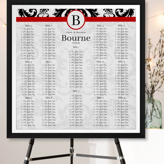 Poster Noir Damask Red Trim Seating Chart Numéros de tabl