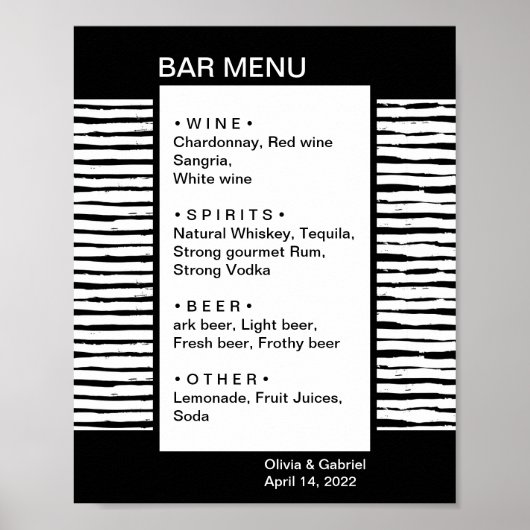 Poster Noir élégant rayé fantaisie. Menu du bar de mariag (Devant)