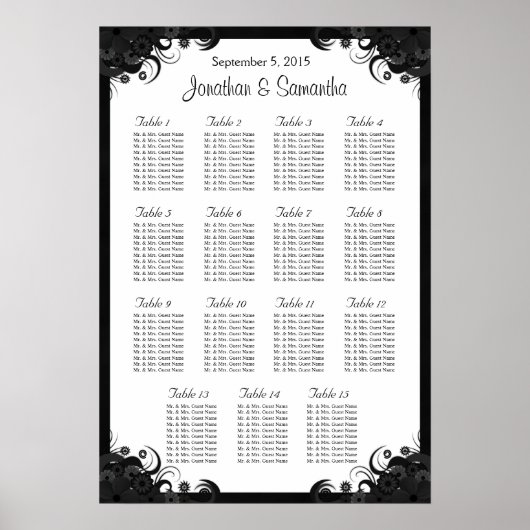 Poster Noir et blanc 15 tables Mariages Tableaux de siège (Devant)