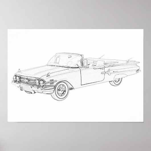 Poster Noir et blanc 1960 Chevy Impala Convertible (Devant)