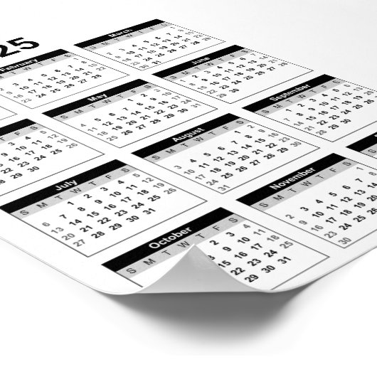 Poster Noir et blanc 2025 Année à un coup d'oeil Calendri (Coin)