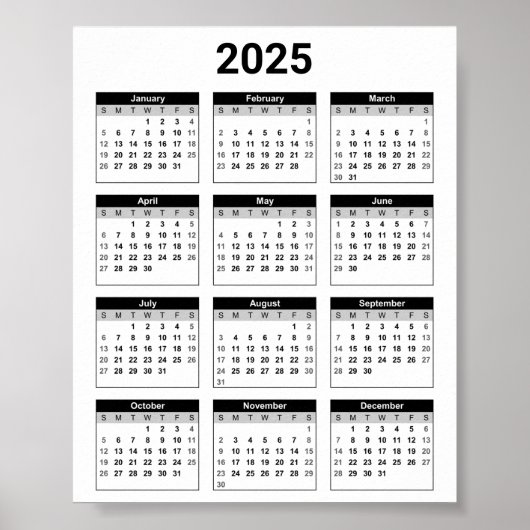 Poster Noir et blanc 2025 Année à un coup d'oeil Calendri (Devant)