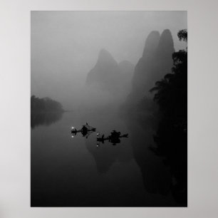 Poster Noir et blanc, Chine, Li River, Pêcheur sur