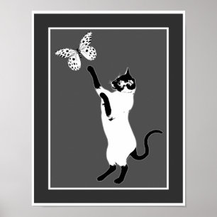 Poster noir et blanc de papillon de chats siamois