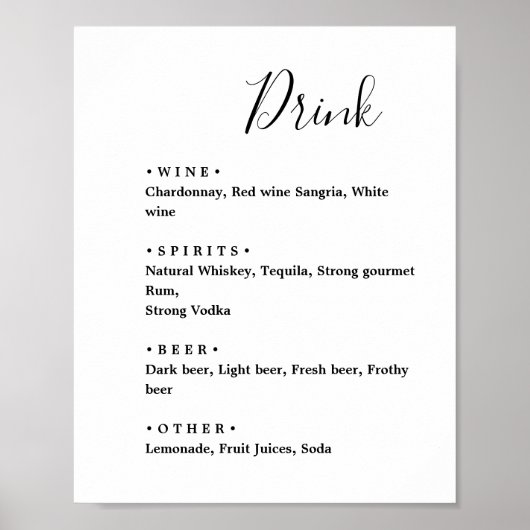 Poster Noir et blanc. Élégant menu de bar de mariage mini (Devant)