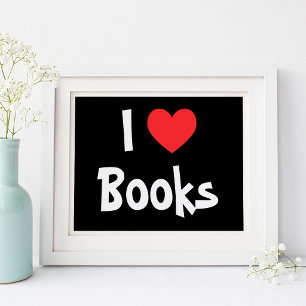 Poster Noir et Blanc J'aime les livres Cœur Rouge