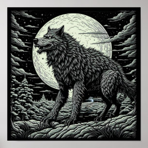 Poster Noir et blanc Vintage Werewolf Ai Art
