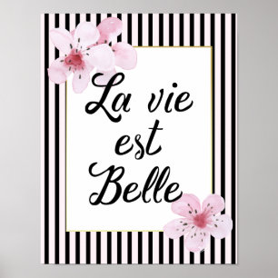 Poster Noir français de typographie et fleurs rayées