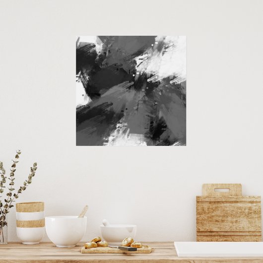 Poster Noir Gris Blanc Abstrait Brosse moderne  (Cuisine)