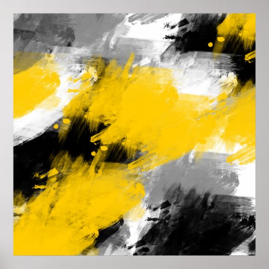 Poster Noir Jaune Blanc Moderne Abstrait Brosses (Devant)