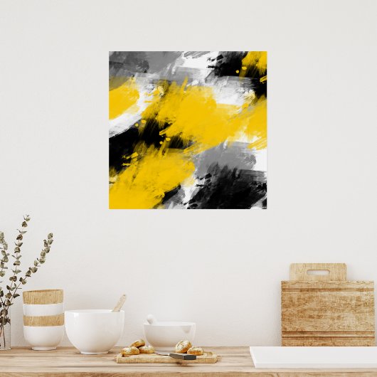 Poster Noir Jaune Blanc Moderne Abstrait Brosses (Cuisine)