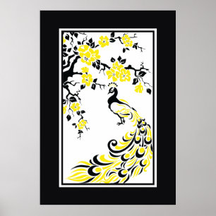 Poster Noir, jaune, blanc paon et fleurs de cerisiers
