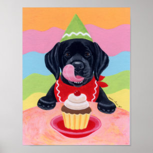 Poster Noir Labrador Chiot Anniversaire Cupcake