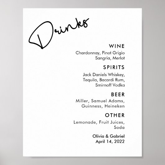 Poster Noir moderne blanc Simple menu du bar mariage form (Devant)