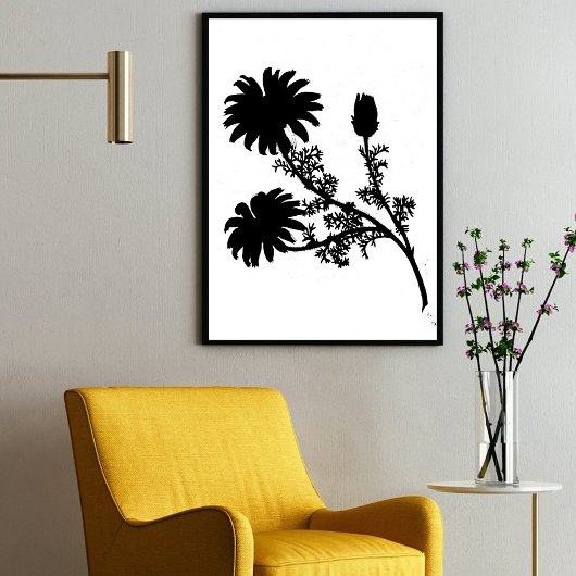 Poster Noir moderne Encre Abstrait Fleur sauvage Daisy Ar