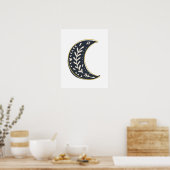 Poster Noir Or bohème fleuri Lune Art Abstrait (Cuisine)