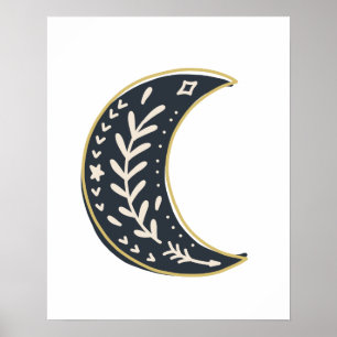 Poster Noir Or bohème fleuri Lune Art Abstrait