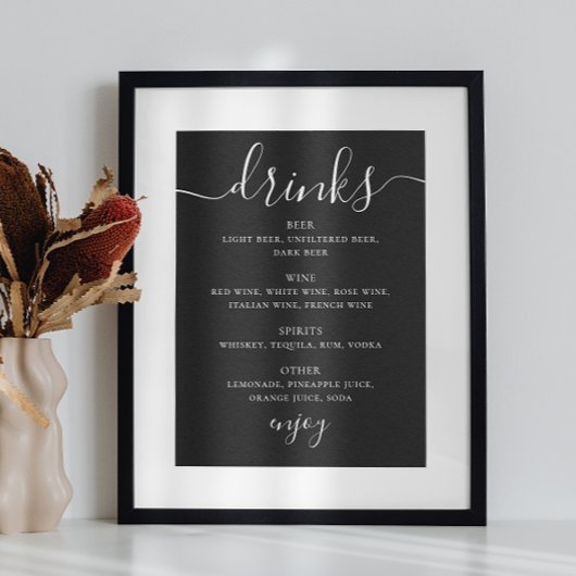 Poster Noir script mariage alcool menu bar boissons