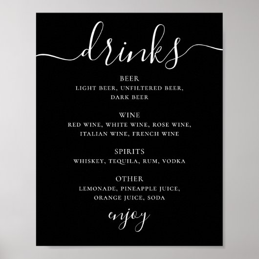 Poster Noir script mariage alcool menu bar boissons (Devant)