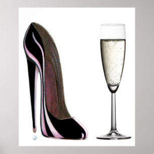 Poster Noir Stiletto Chaussure et Champagne Imprimer